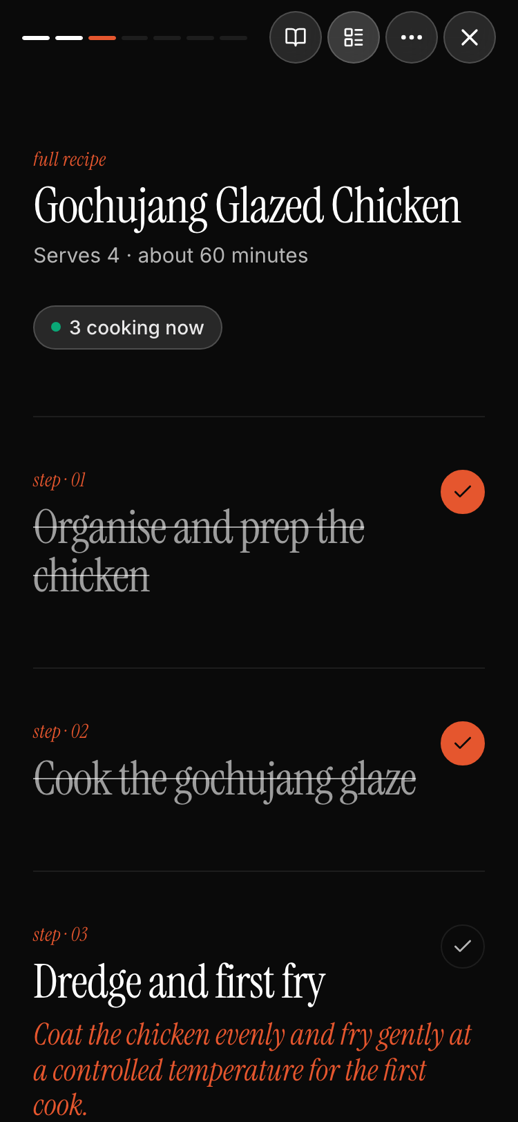 The full recipe view, with every step of the recipe laid out on one scrollable page