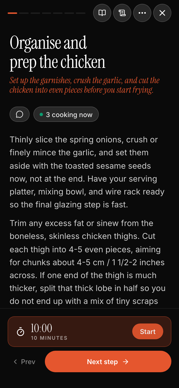 The cook screen showing a live "2 cooking now" pill next to the recipe step
