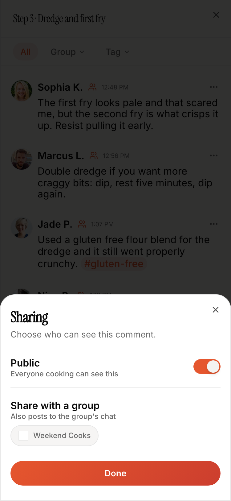 The sharing sheet for a step comment, with a Public toggle and a share-with-a-group option