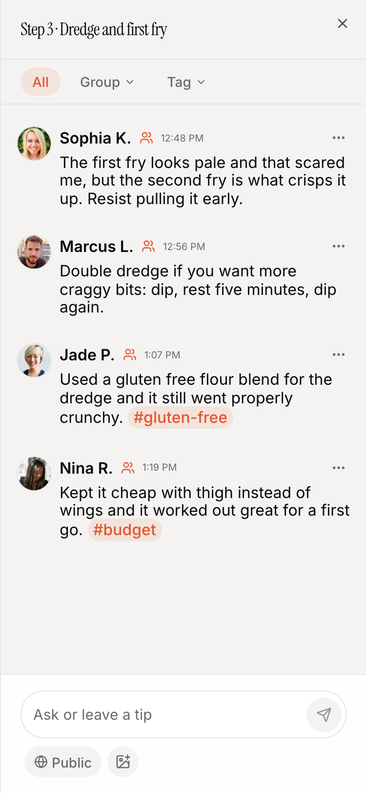 A comment thread attached to the rough puff pastry step, with filters for group and tag